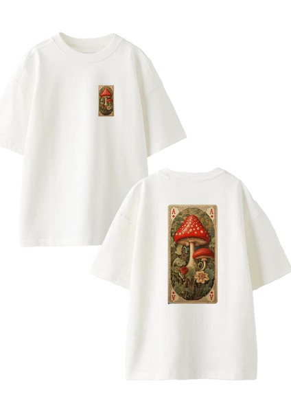 Beyaz Oversize Pamuk Mantar Ev As Ön Arka Baskılı Örme T-Shirt