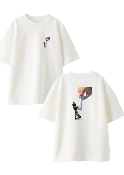 Beyaz Oversize Pamuk Satranç Şah Mat Ön Arka Baskılı Örme T-Shirt
