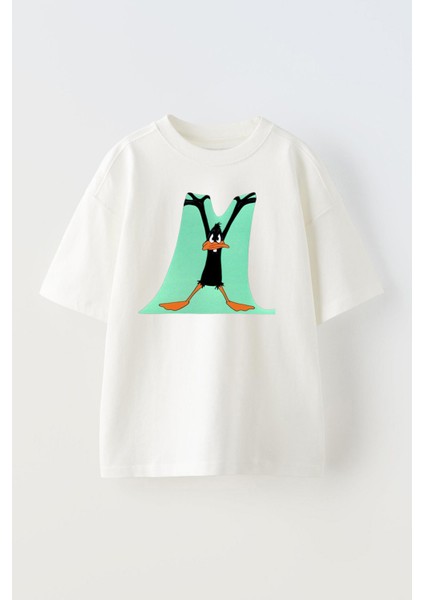Beyaz Oversize Pamuk Örtü Duck Baskılı Örme T-Shirt