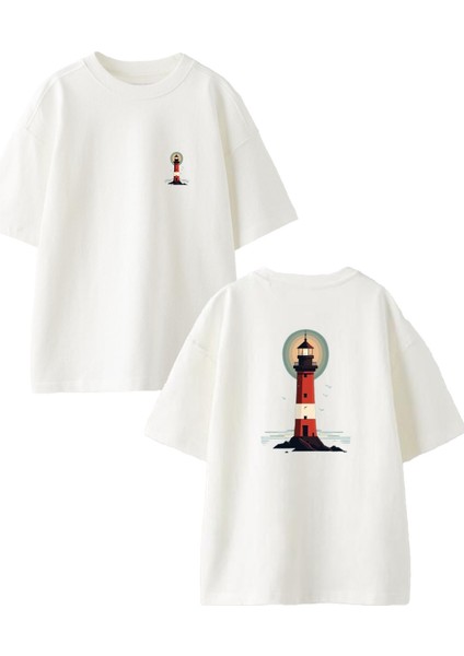 Beyaz Oversize Pamuk Manzara Deniz Feneri Ön Arka Baskılı Örme T-Shirt