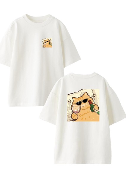 Beyaz Oversize Pamuk Şarapçı Kedi Ön Arka Baskılı Örme T-Shirt