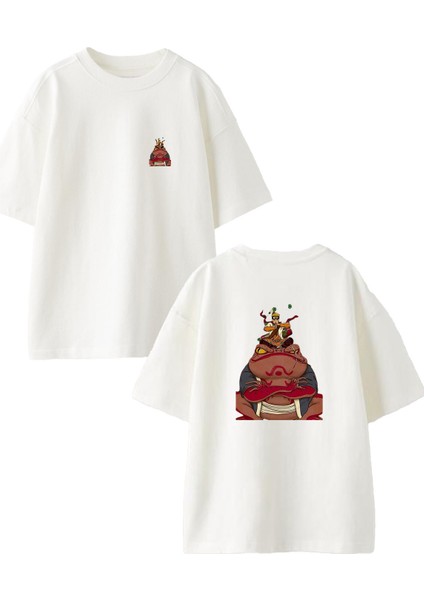 Beyaz Oversize Pamuk Sumo Kurbağa Ön Arka Baskılı Örme T-Shirt