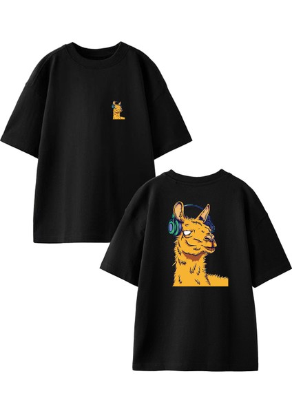 Siyah Oversize Pamuk Kulaklıklı Deve Ön Arka Baskılı Örme T-Shirt