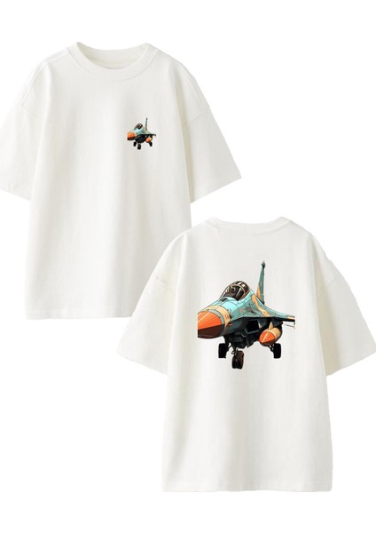 Beyaz Oversize Pamuk F16 Ön Arka Baskılı Örme T-Shirt