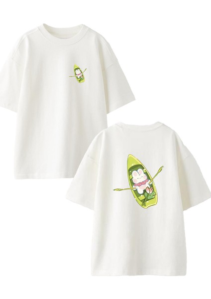 Beyaz Oversize Pamuk Kayık Yapan Tavşancık Ön Arka Baskılı Örme T-Shirt