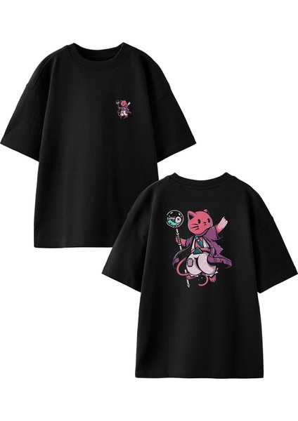 Siyah Oversize Pamuk Pisicik Elinde Balık Ön Arka Baskılı Örme T-Shirt
