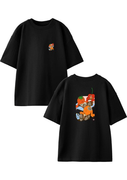 Siyah Oversize Pamuk Meyve Sebze Kitap Ön Arka Baskılı Örme T-Shirt