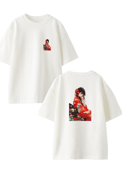 Beyaz Oversize Pamuk Güzel Japon Kız Ön Arka Baskılı Örme T-Shirt