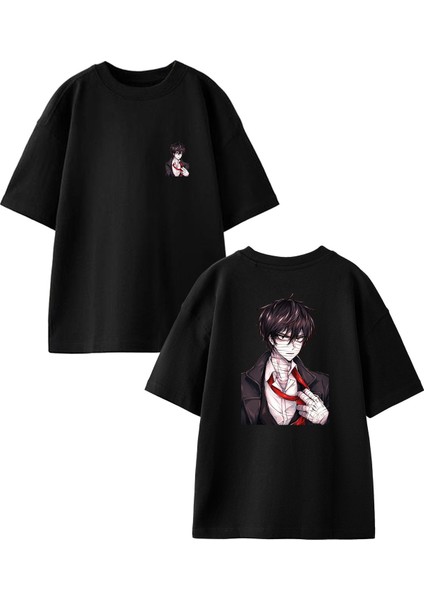 Siyah Oversize Pamuk Kırmızı Kravatlı Anime Genç Ön Arka Baskılı Örme T-Shirt