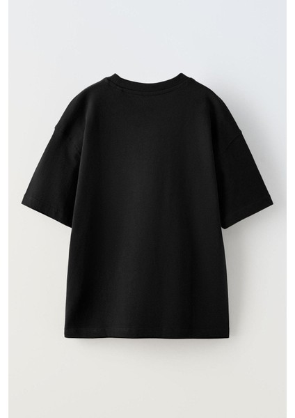 Siyah Oversize Pamuk Why Not Baskılı Örme T-Shirt