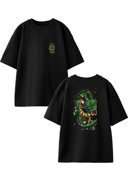 Siyah Oversize Pamuk Dragon Yeşil Ön Arka Baskılı Örme T-Shirt