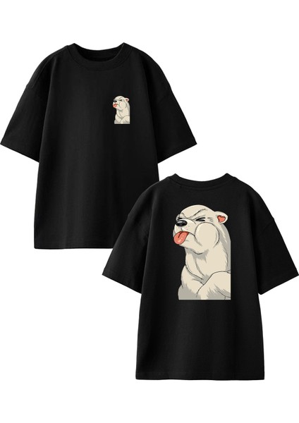 Siyah Oversize Pamuk Yavru Kutup Ayısı Ön Arka Baskılı Örme T-Shirt