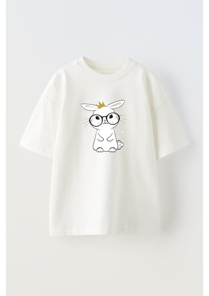 Beyaz Oversize Pamuk Gözlüklü Beyaz Tavşan Baskılı Örme T-Shirt