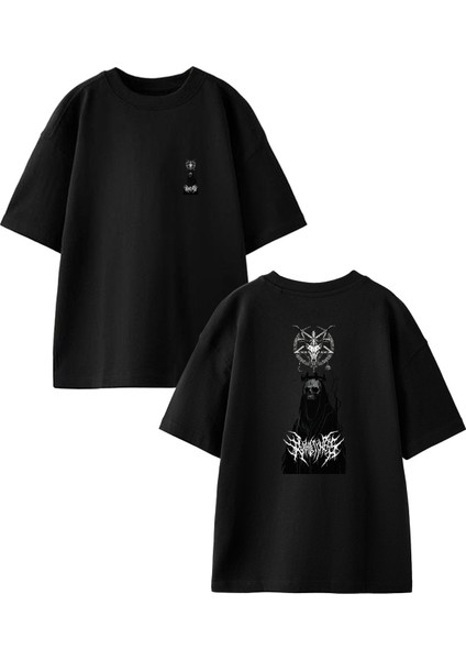 Siyah Oversize Pamuk Boynuzlu Cellat Kurukafa Ön Arka Baskılı Örme T-Shirt