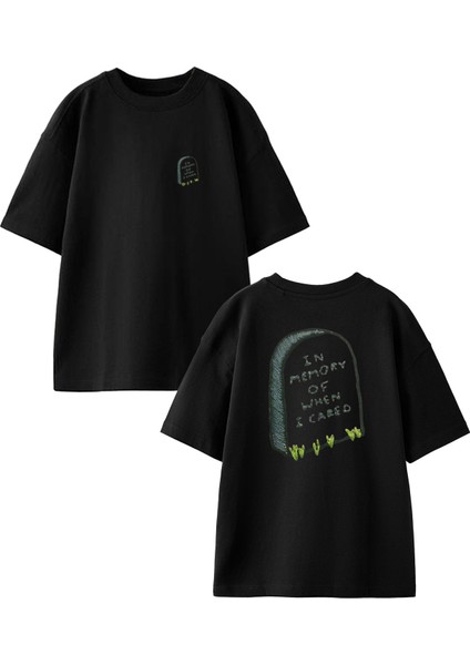 Siyah Oversize Pamuk In Memory Mezar Taşı Ön Arka Baskılı Örme T-Shirt