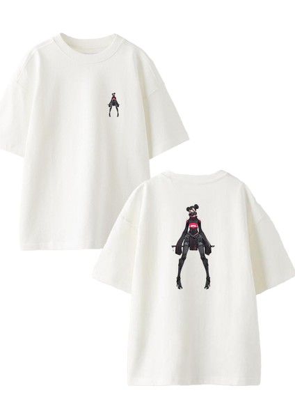 Beyaz Oversize Pamuk Sporcu Anime Kız Ön Arka Baskılı Örme T-Shirt