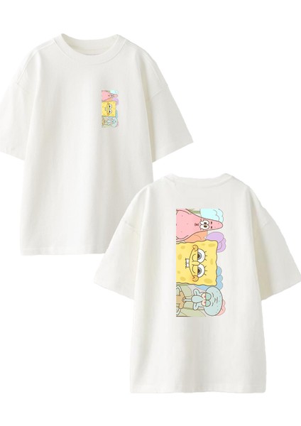 Beyaz Oversize Pamuk Sünger Bob Kankalar Ön Arka Baskılı Örme T-Shirt