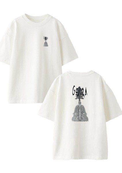 Beyaz Oversize Pamuk Gojira Ağaç Gölge Ön Arka Baskılı Örme T-Shirt