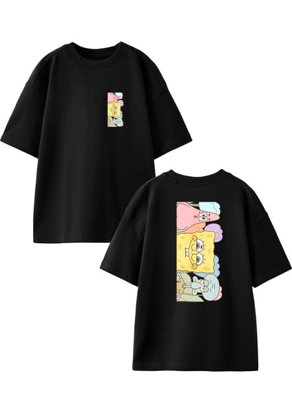 Siyah Oversize Pamuk Sünger Bob Kankalar Ön Arka Baskılı Örme T-Shirt