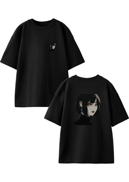 Siyah Oversize Pamuk Alnı Dövmeli Anime Kız Ön Arka Baskılı Örme T-Shirt