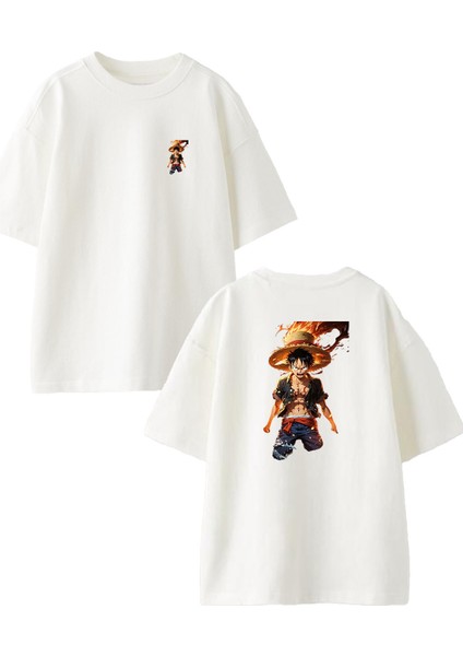 Beyaz Oversize Pamuk Alev Kasırga Genç Çizgi Ön Arka Baskılı Örme T-Shirt