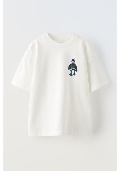 Beyaz Oversize Pamuk Batman Robot Baskılı Örme T-Shirt