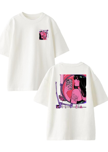 Beyaz Oversize Pamuk Telefon Kılıf Kadın Ayna Fotoğraf Ön Arka Baskılı Örme T-Shirt