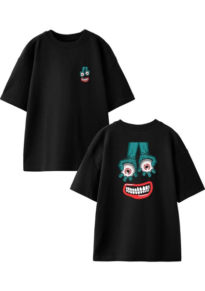 Siyah Oversize Pamuk Pörtlek Göz Diş Ön Arka Baskılı Örme T-Shirt