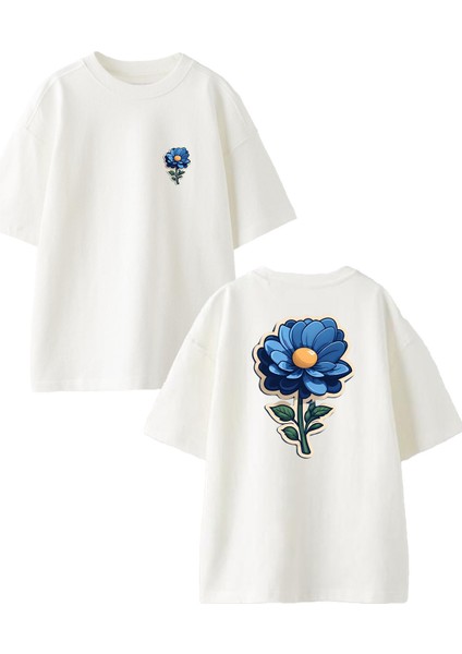 Beyaz Oversize Pamuk Yumurta Lale Ön Arka Baskılı Örme T-Shirt