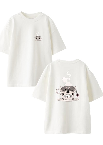 Beyaz Oversize Pamuk Kurukafa Fincan Ön Arka Baskılı Örme T-Shirt