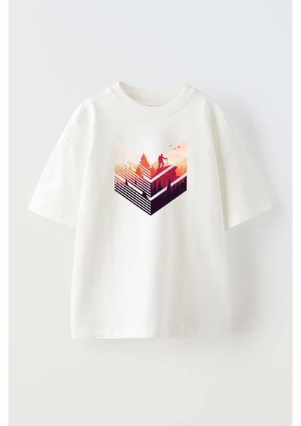 Beyaz Oversize Pamuk Rütbe Dağ Yürüyüş Baskılı Örme T-Shirt