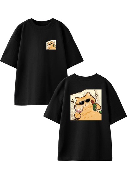 Siyah Oversize Pamuk Şarapçı Kedi Ön Arka Baskılı Örme T-Shirt
