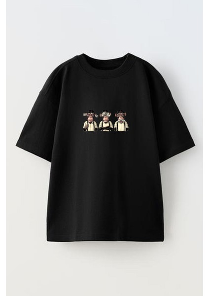 Siyah Oversize Pamuk Üç Maymun Dolar Baskılı Örme T-Shirt