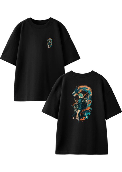 Siyah Oversize Pamuk Dragonlu Samuray Ön Arka Baskılı Örme T-Shirt