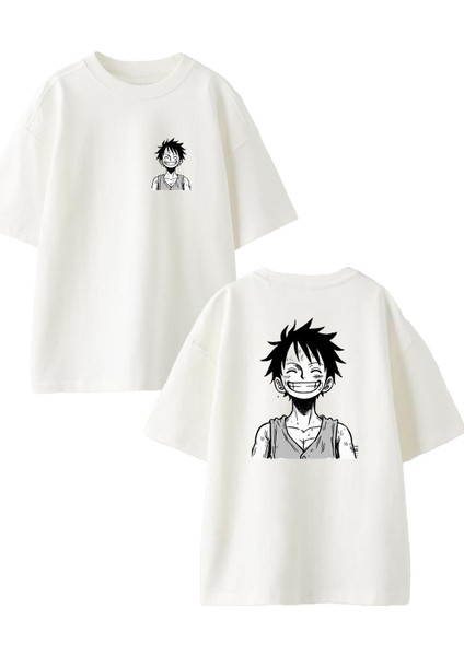 Beyaz Oversize Pamuk Gülen Surat Erkek Ön Arka Baskılı Örme T-Shirt