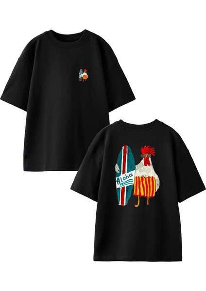 Siyah Oversize Pamuk Aloha Horoz Tatil Ön Arka Baskılı Örme T-Shirt
