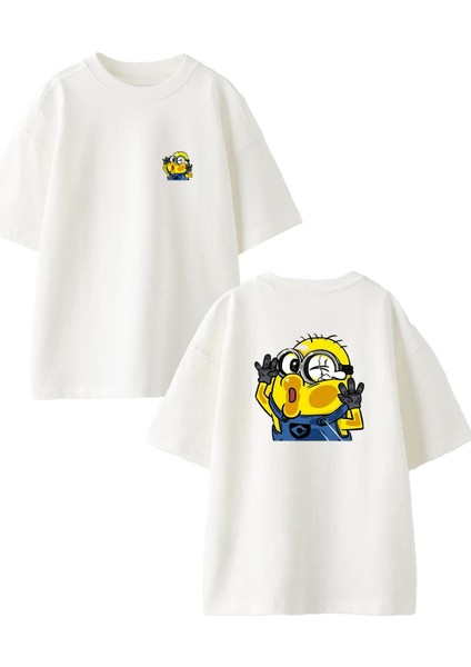 Beyaz Oversize Pamuk Minyon Nanik Ön Arka Baskılı Örme T-Shirt