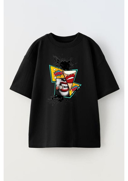 Siyah Oversize Pamuk Wow Pıro Dudak Baskılı Örme T-Shirt