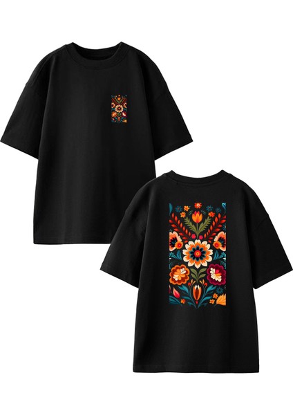 Siyah Oversize Pamuk Çiçek Halı Deseni Ön Arka Baskılı Örme T-Shirt