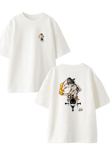 Beyaz Oversize Pamuk Alevli Kovboy Ön Arka Baskılı Örme T-Shirt