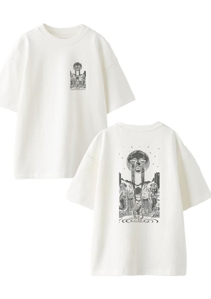 Beyaz Oversize Pamuk Ağlayan Güneş Tapınak Ön Arka Baskılı Örme T-Shirt