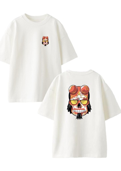 Beyaz Oversize Pamuk Şeytan Kuru Kafa Sosis Ön Arka Baskılı Örme T-Shirt
