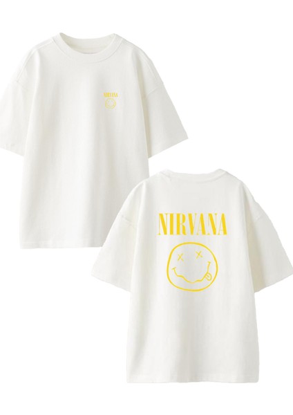 Beyaz Oversize Pamuk Nırvana Emoji Ön Arka Baskılı Örme T-Shirt