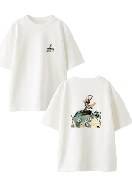 Beyaz Oversize Pamuk Vosvoscu Kız Ön Arka Baskılı Örme T-Shirt