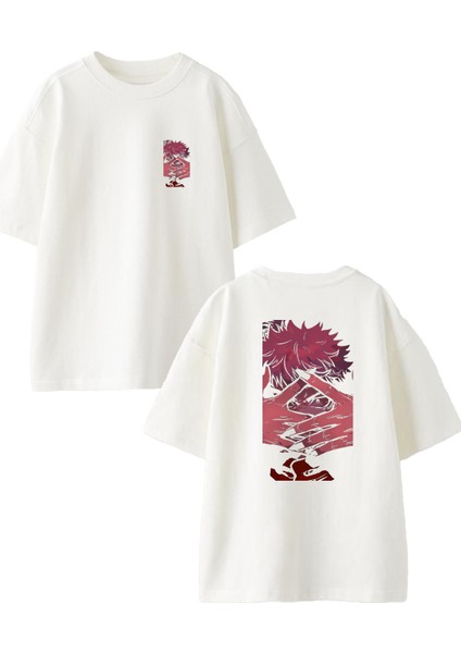 Beyaz Oversize Pamuk Parmak Arası Anime Genç Ön Arka Baskılı Örme T-Shirt