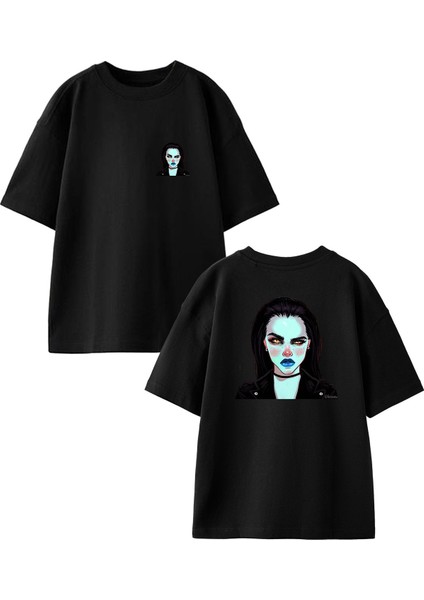 Siyah Oversize Pamuk Palyaço Genç Kız Ön Arka Baskılı Örme T-Shirt