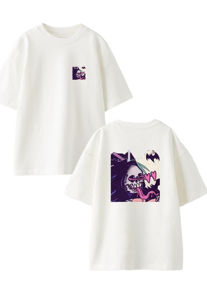 Beyaz Oversize Pamuk Kalpli Göz Cellat Ön Arka Baskılı Örme T-Shirt