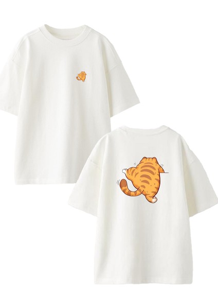 Beyaz Oversize Pamuk Tırmanan Kedi Ön Arka Baskılı Örme T-Shirt