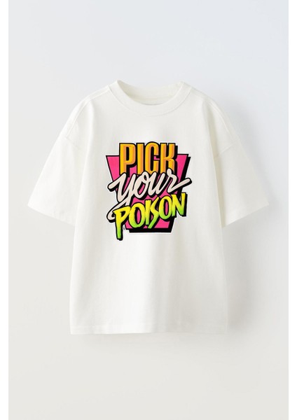 Beyaz Oversize Pamuk Pick Poison Baskılı Örme T-Shirt