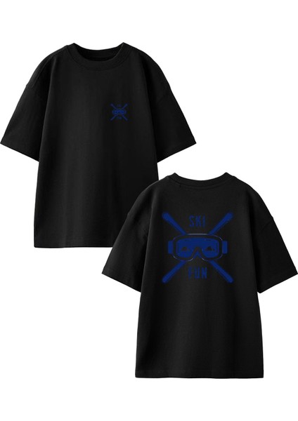Siyah Oversize Pamuk Ski Fun Ön Arka Baskılı Örme T-Shirt